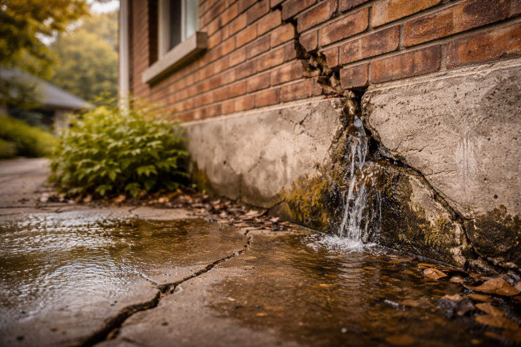 Water leaking through a foundation crack in a brick wall