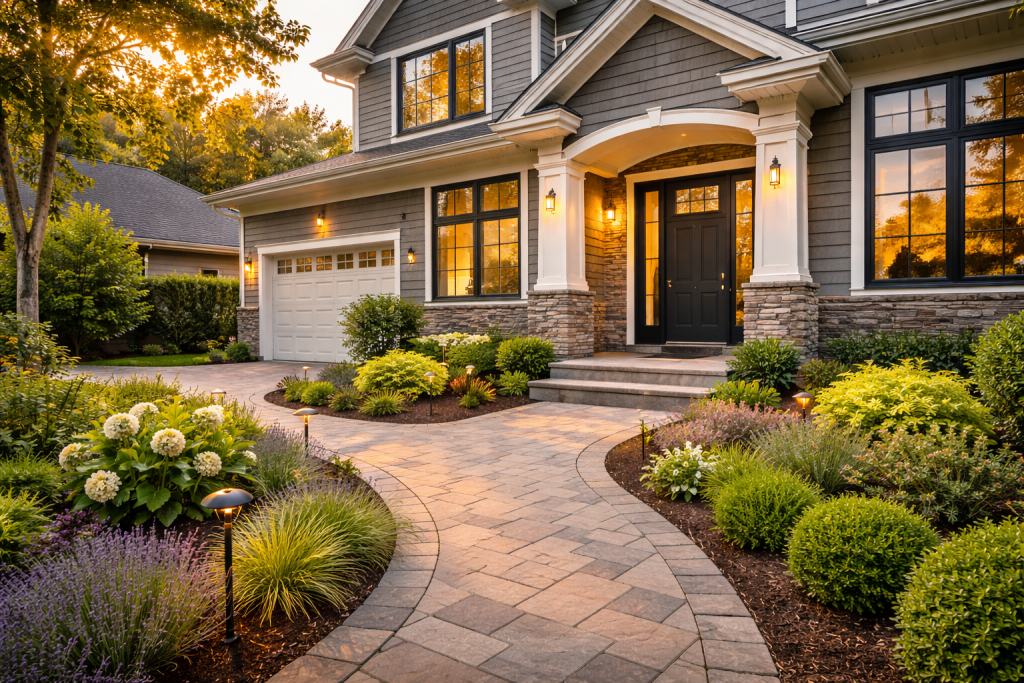 Modern home with pavers, stone accents, and manicured landscaping highlighting exterior improvements for better resale value