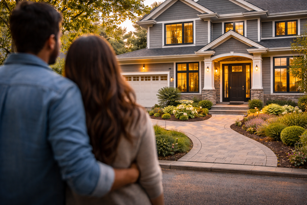 Couple admiring a modern home with strong curb appeal and well-maintained exterior