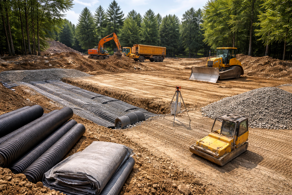Proper site preparation with soil grading, compaction, and drainage at a construction site