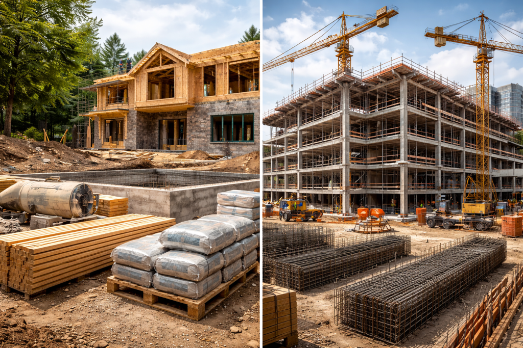 Residential and commercial construction projects side by side showing wood and steel structures
