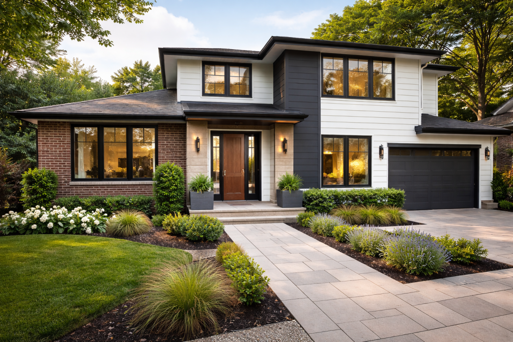 Modern exterior renovation of an older home featuring mixed materials, clean architectural lines, updated windows, and contemporary landscaping for enhanced curb appeal