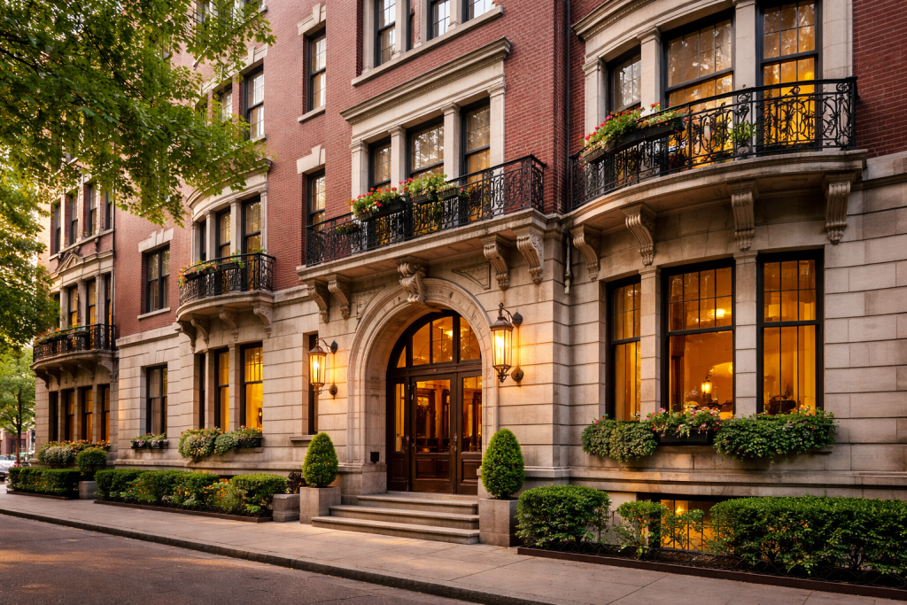 Historic red brick building with ornate architectural details and classic masonry design