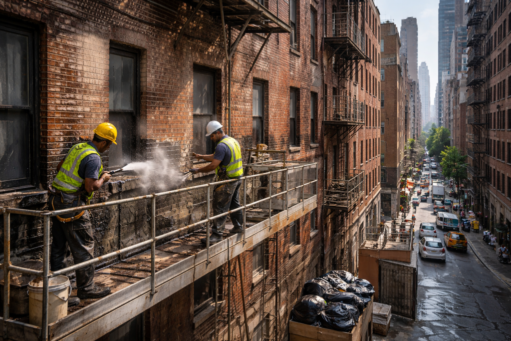 Workers restoring brickwork on an older city building using specialized masonry techniques