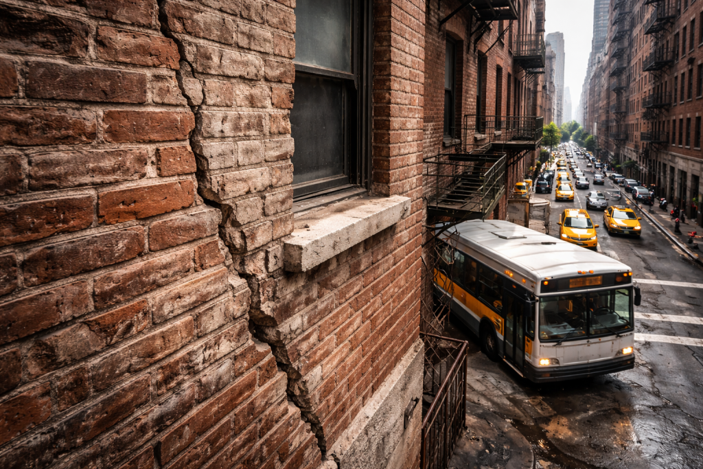Brick wall cracks caused by constant urban traffic vibration