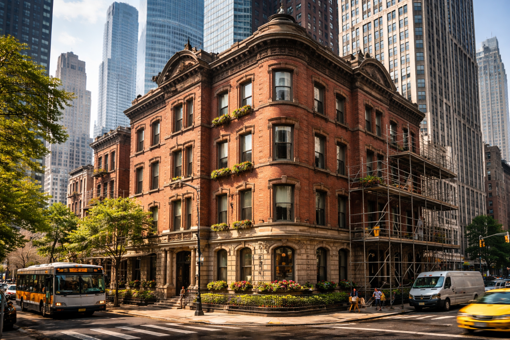Historic brick building preserved among modern city skyscrapers