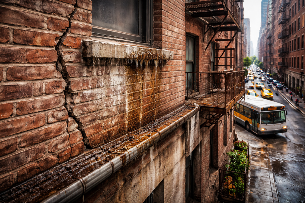 City building with masonry crack, water stains, and rusted fire escape