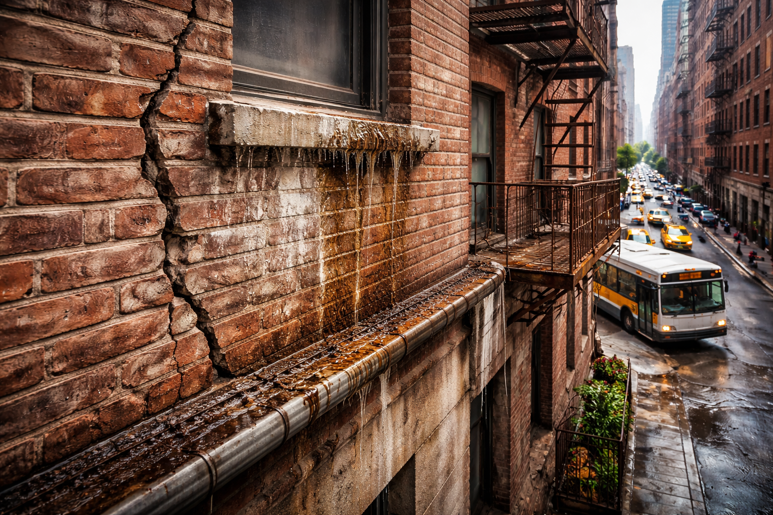 City building with masonry crack, water stains, and rusted fire escape