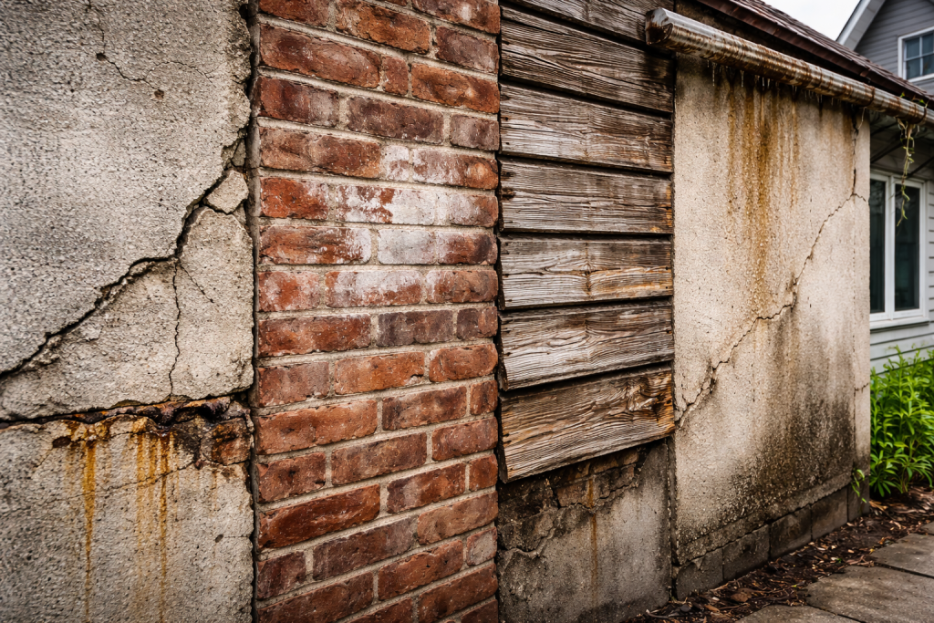 Exterior improvements in progress showing aging building materials including cracked concrete, worn brick, and weathered stucco on a residential exterior