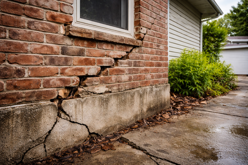 Structural crack in brick wall and foundation