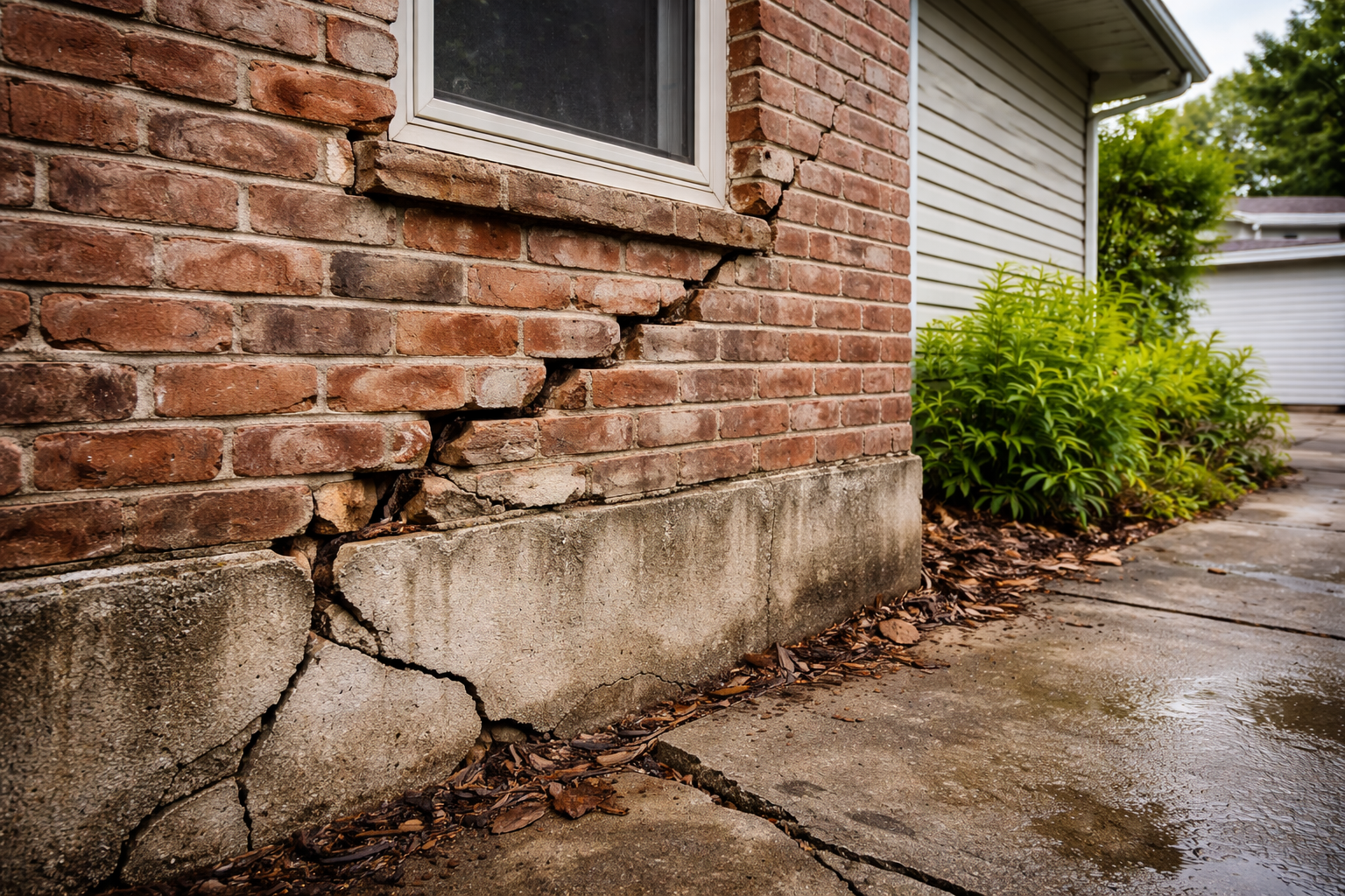 Structural crack in brick wall and foundation