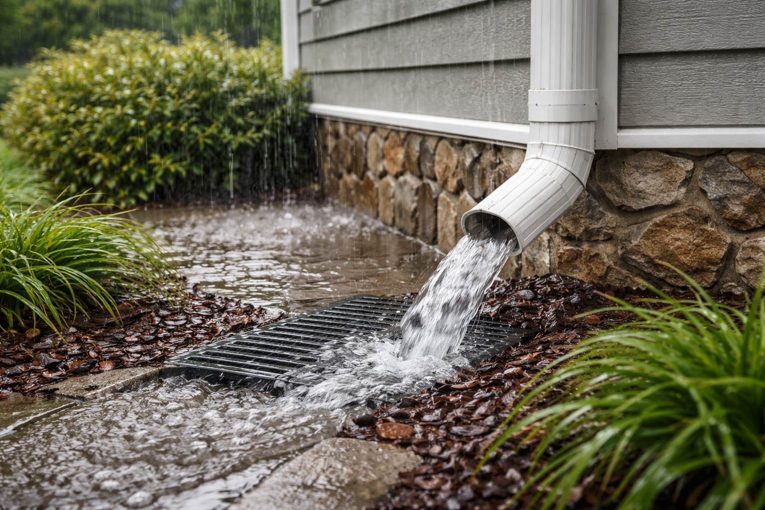 Rainwater draining from a house downspout near the foundation, demonstrating the importance of proper drainage for building health