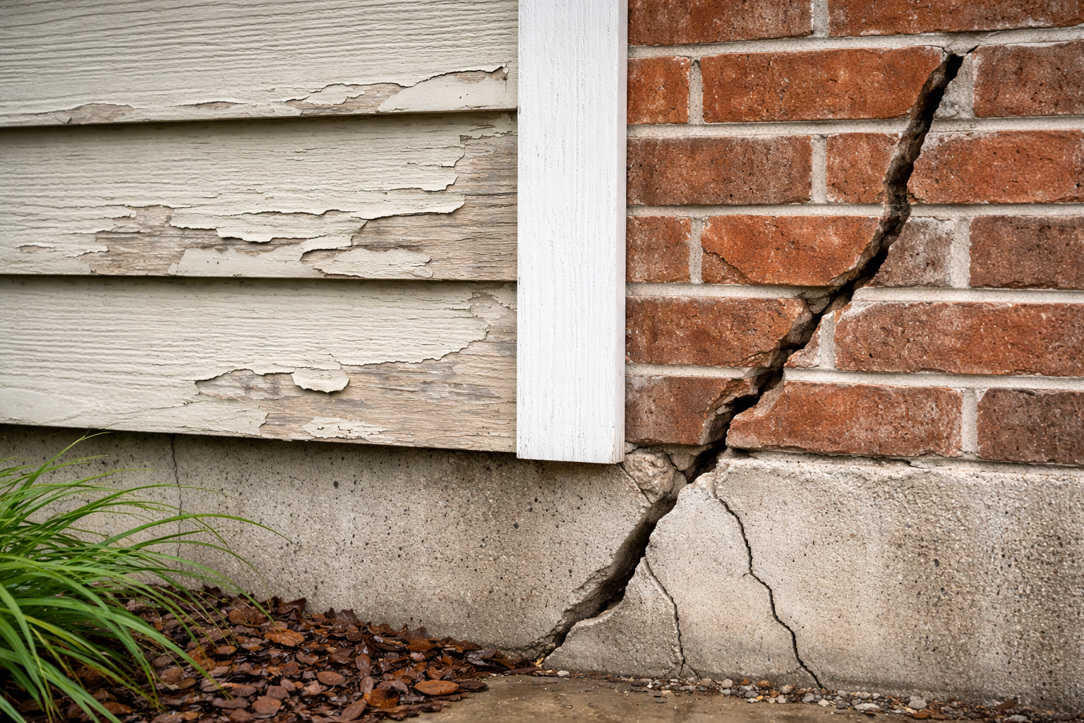 House exterior showing peeling paint and a foundation crack