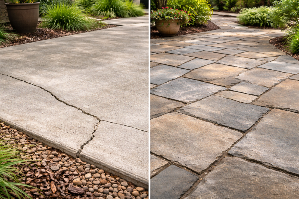 Side-by-side view of poured concrete slab and natural stone patio showing durability comparison in outdoor hardscape design