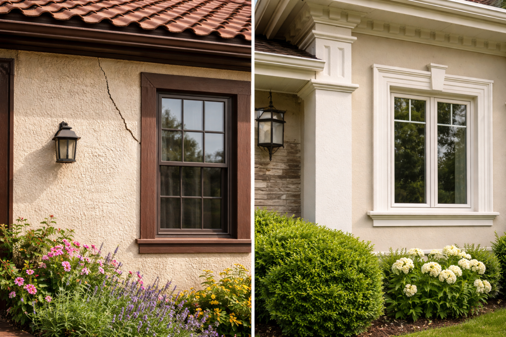 Stucco vs EIFS exterior comparison showing cracked traditional stucco wall beside smooth modern EIFS finish
