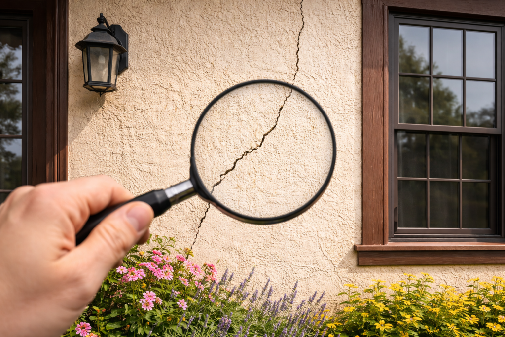 Hairline crack in stucco wall near window showing early exterior damage warning