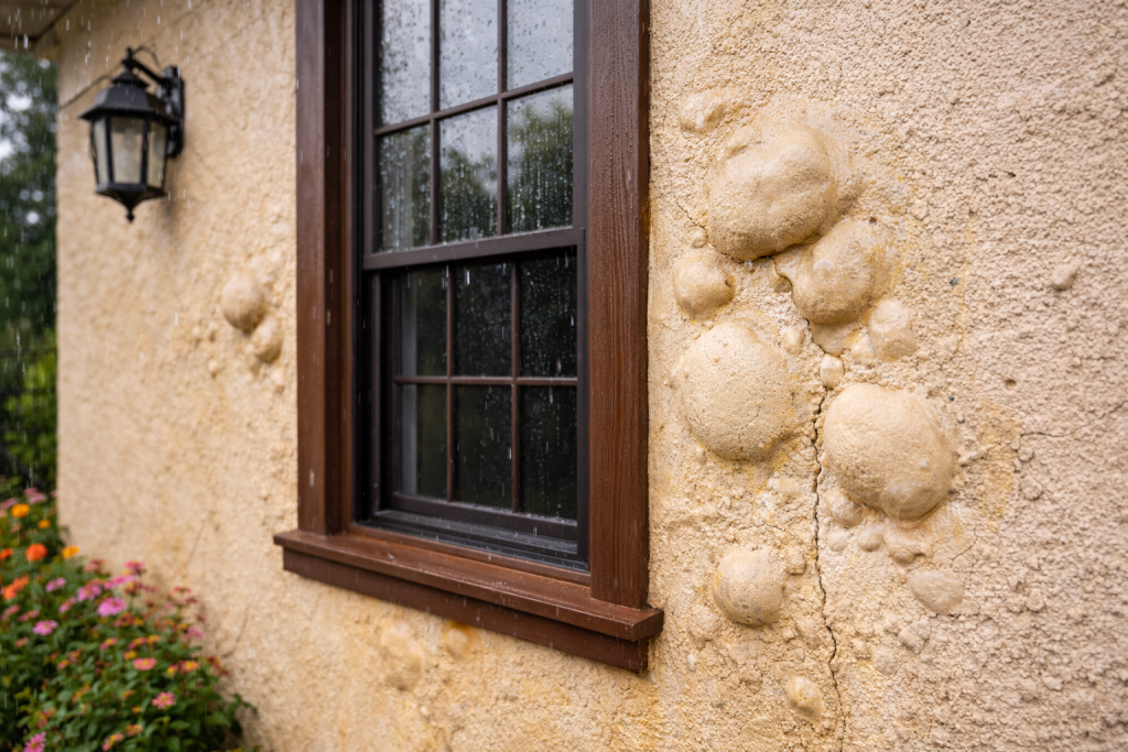 Stucco wall with moisture bubbles and blistering after heavy rain indicating trapped water damage