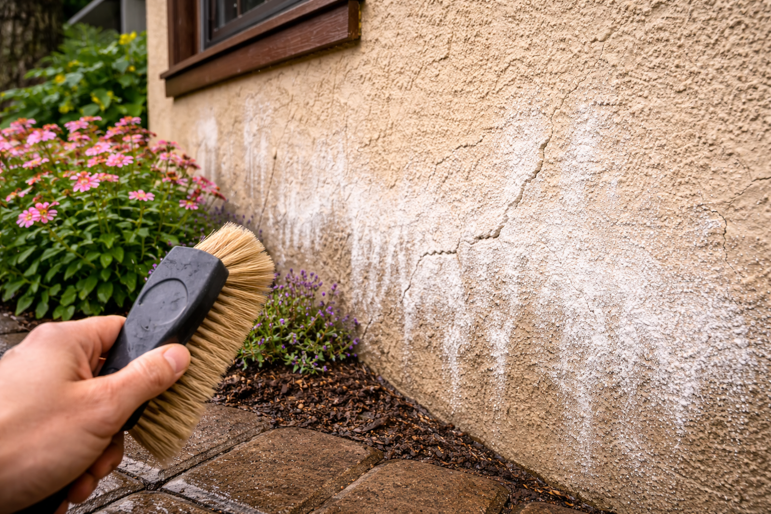 White powder on stucco wall near foundation being brushed off, showing efflorescence caused by moisture intrusion