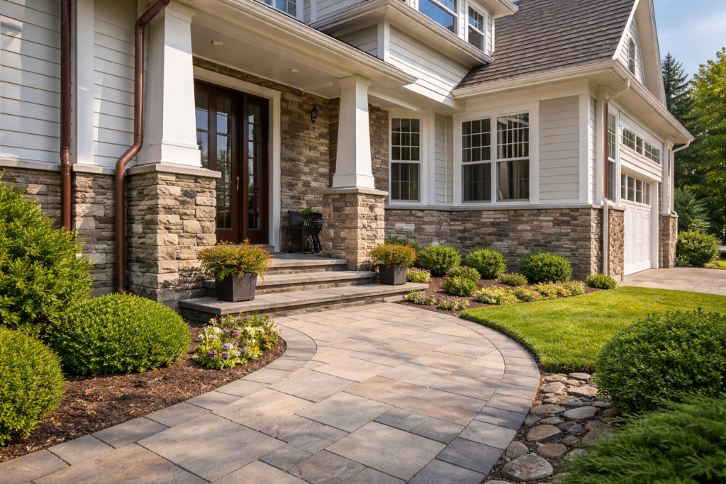 Well-built home exterior with stone masonry, clean siding, and solid paver walkway