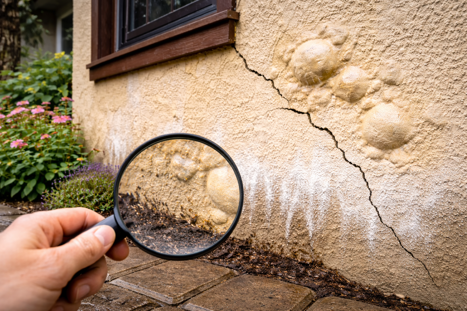 Close-up of a residential stucco wall showing visible cracks and surface damage, highlighting early warning signs of serious stucco deterioration
