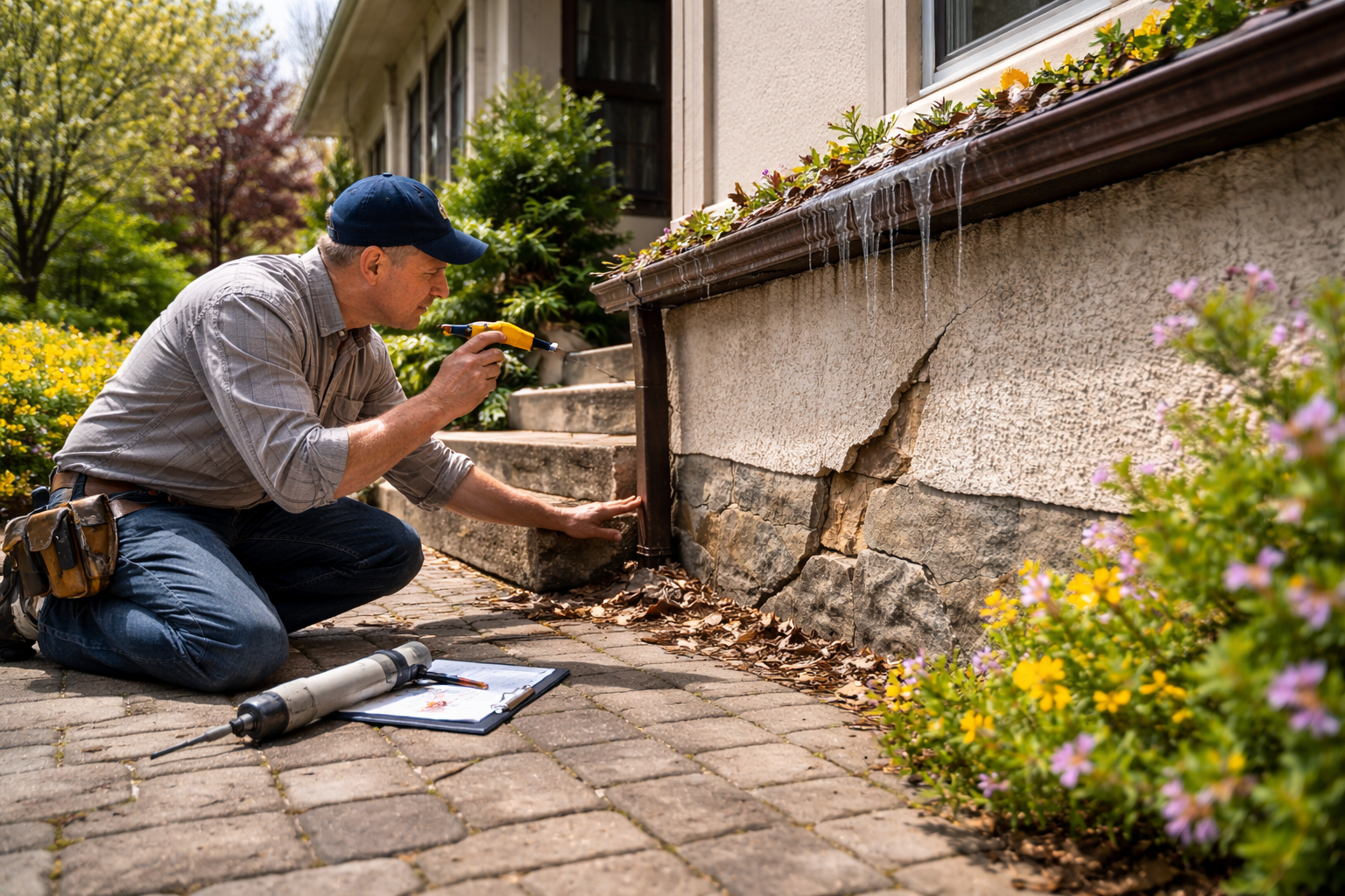 Man inspecting cracked stucco and concrete during spring maintenance