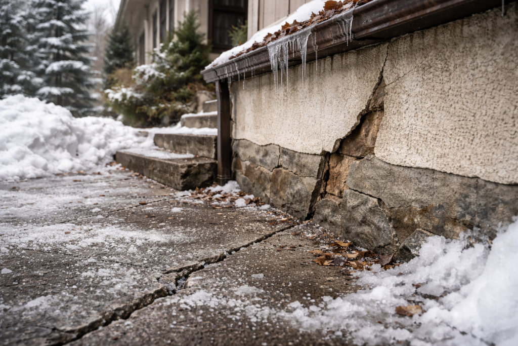 Winter damage causing cracks in stucco wall and concrete driveway