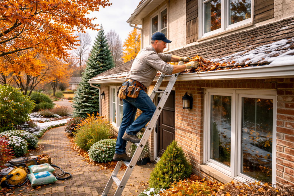 Homeowner cleaning leaves from roof gutters with a ladder during fall to prepare the home exterior for harsh winter weather and prevent ice dams and water damage