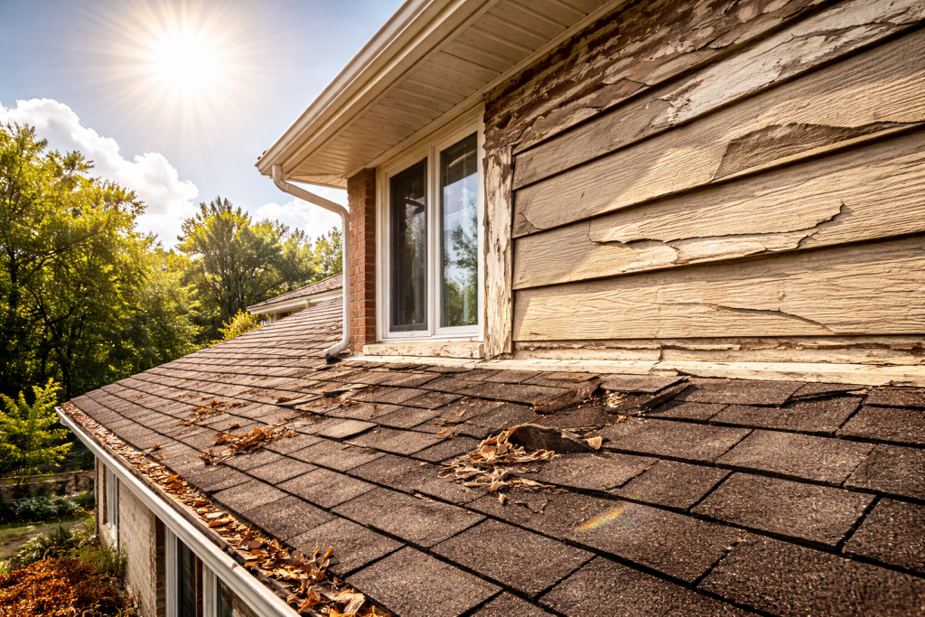 Contractor inspecting cracked siding and exterior materials affected by extreme summer heat and UV exposure