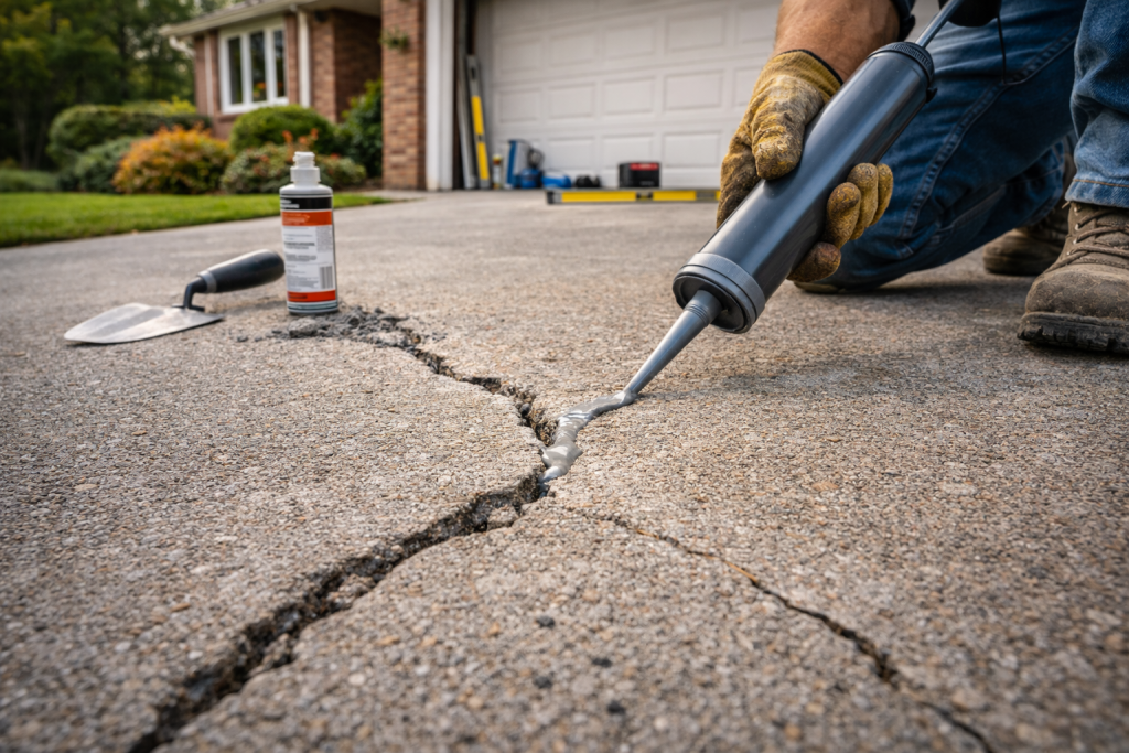Concrete crack repair on a residential driveway showing damaged concrete surface needing sealing and structural repair
