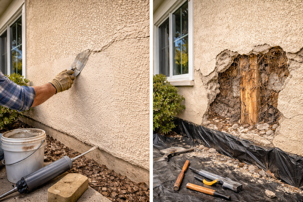 Contractor performing stucco patch repair on cracked exterior stucco wall of residential building