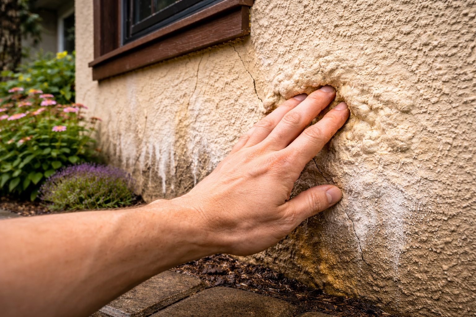 Soft spot in stucco with visible moisture damage