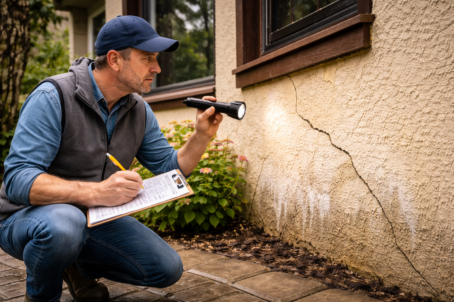 Inspecting stucco wall cracks during exterior inspection