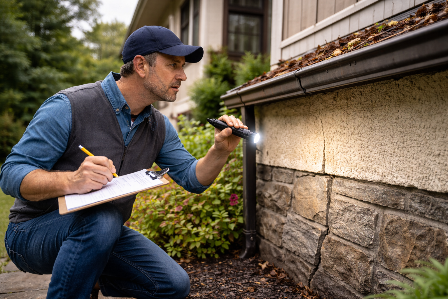Homeowner checking foundation crack during exterior inspection