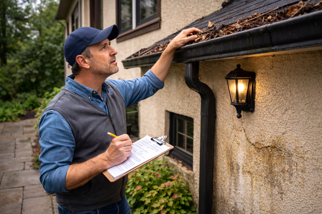 Homeowner checking gutters during annual exterior maintenance inspection