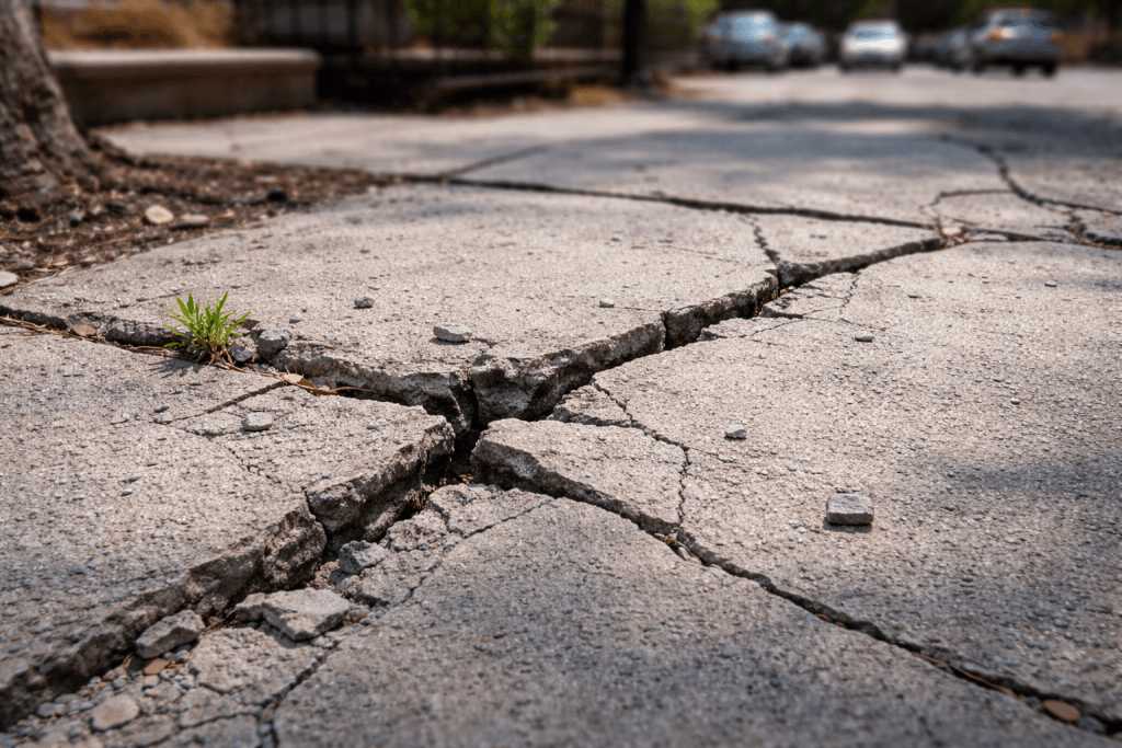 Cracked concrete sidewalk with visible fractures and weed growth