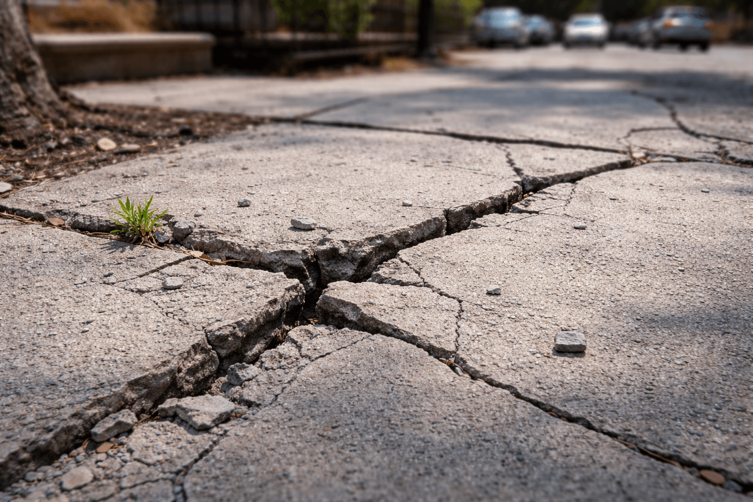 Cracked concrete sidewalk with visible fractures and weed growth