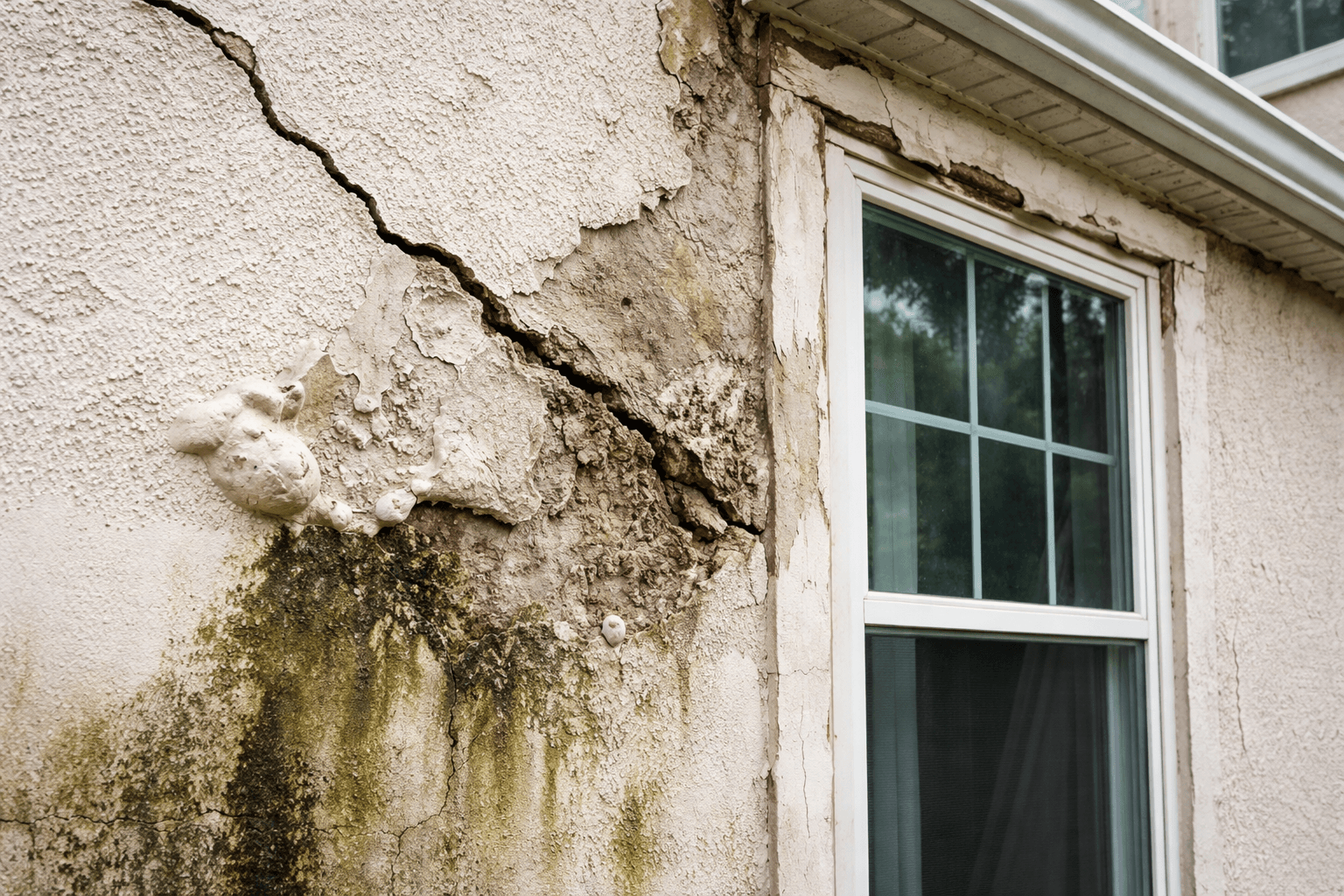 Cracked and peeling stucco wall with moisture stains and mold growth showing warning signs stucco needs repair on a residential exterior