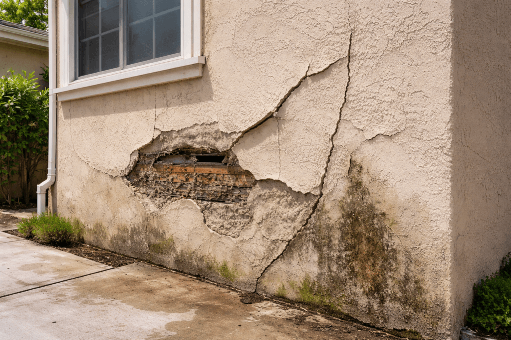 Damaged exterior stucco wall showing large cracks, bulging surface, and moisture stains on a residential building indicating need for professional stucco repair