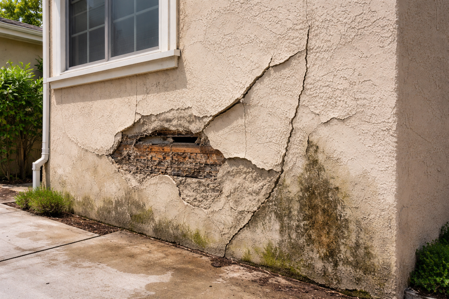 Damaged exterior stucco wall showing large cracks, bulging surface, and moisture stains on a residential building indicating need for professional stucco repair