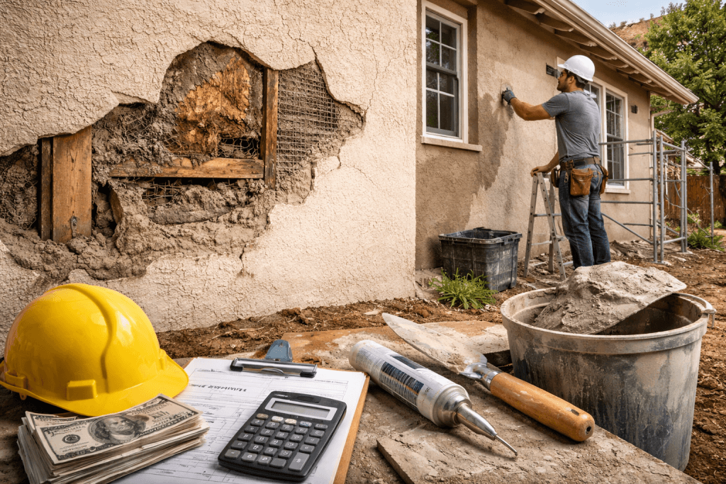 Contractor repairing damaged exterior stucco wall with exposed lath and cracks, showing real stucco repair cost 2026 and structural damage