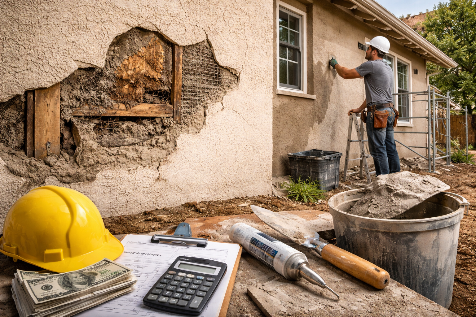 Contractor repairing damaged exterior stucco wall with exposed lath and cracks, showing real stucco repair cost 2026 and structural damage