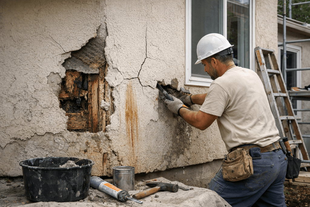 Contractor repairing damaged stucco wall with deep cracks and moisture rot, showing when to call a stucco repair contractor before structural damage worsens