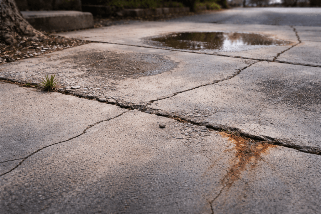 Concrete with cracks, puddles, and early surface damage