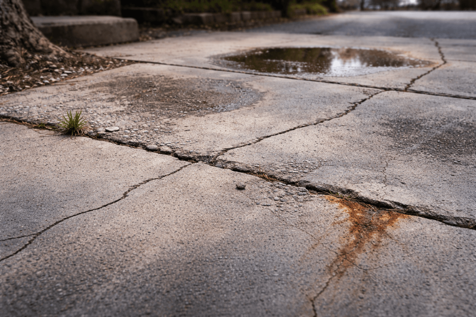 Concrete with cracks, puddles, and early surface damage
