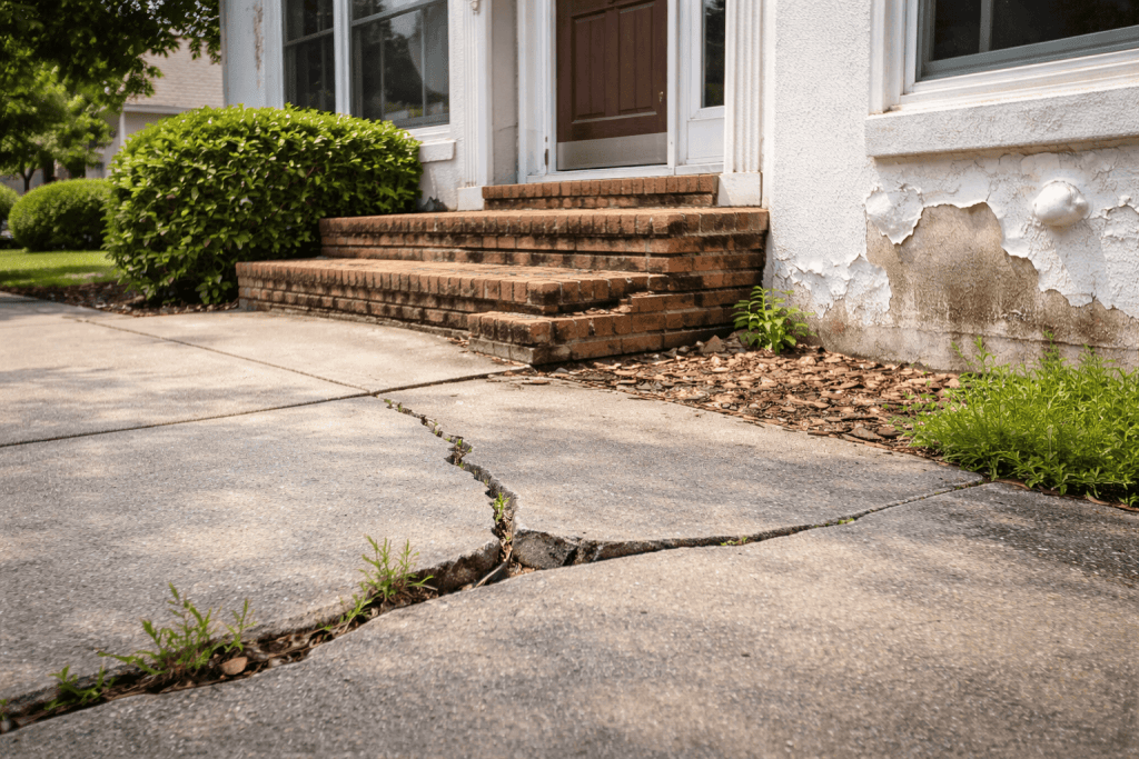 Damaged home exterior showing cracked driveway, uneven pavers, and deteriorating concrete surfaces reducing property value and curb appeal