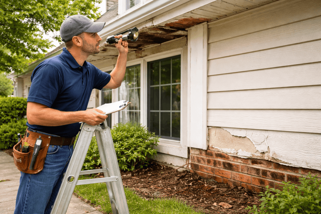 Home inspector checking damaged gutter and rotting fascia board on exterior wall, revealing hidden water damage during exterior inspection
