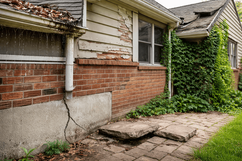 A house exterior showing common exterior home problems, including a foundation crack, clogged gutter overflow, peeling paint, damaged shingles, overgrown ivy, and uneven paver walkway