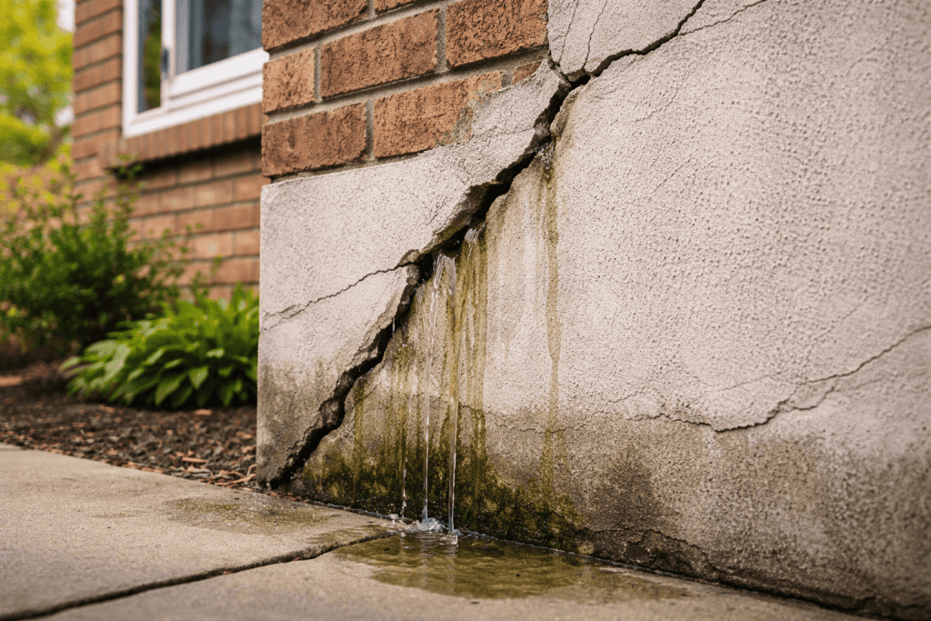 Close-up of small exterior wall cracks on a home foundation with visible water leakage, showing how minor cracks can lead to major structural damage.