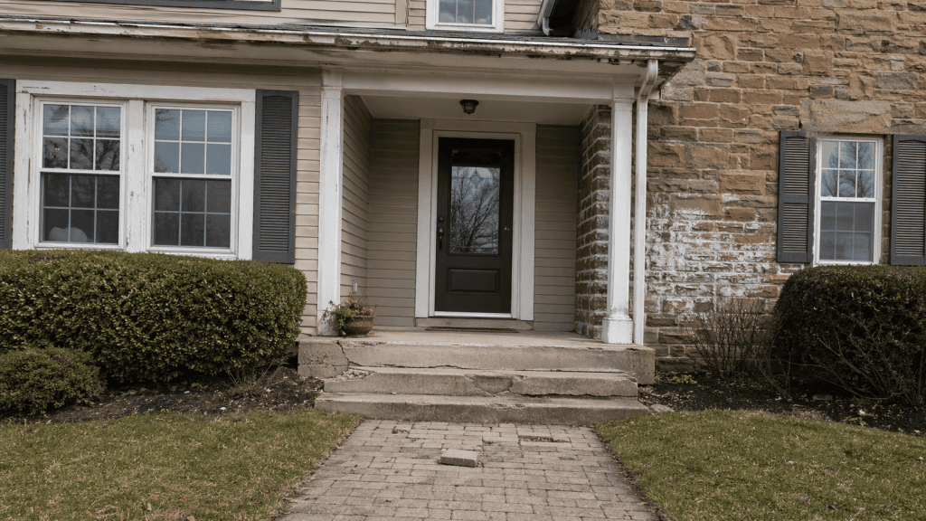 Home exterior showing warning signs of failure, including cracked concrete steps, peeling trim, stained masonry, and an uneven paver walkway