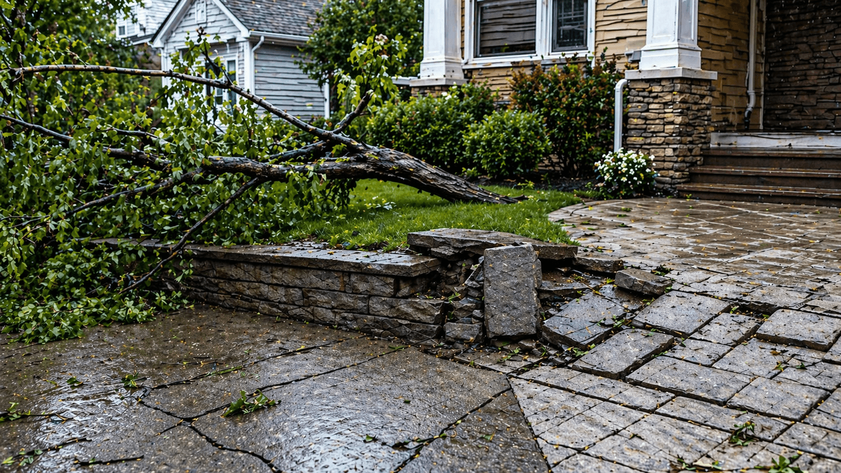 Storm-damaged home exterior with cracked driveway, broken pavers, fallen tree branches, and damaged masonry near the front entrance